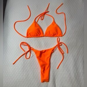 Neon Orange Triangle Tie-Side Bikini - Women Swim Bikini
